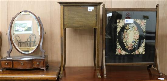 A George III toilet mirror, an Edwardian work table and a fire screen